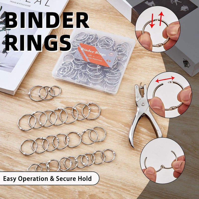 NEEWAY 80pcs Loose Leaf Binder Rings Assorted Sizes (0.75, 1, 1.2 Inch), Book Rings with Single Hole Punch, Metal Ring for Crafts - Image 4